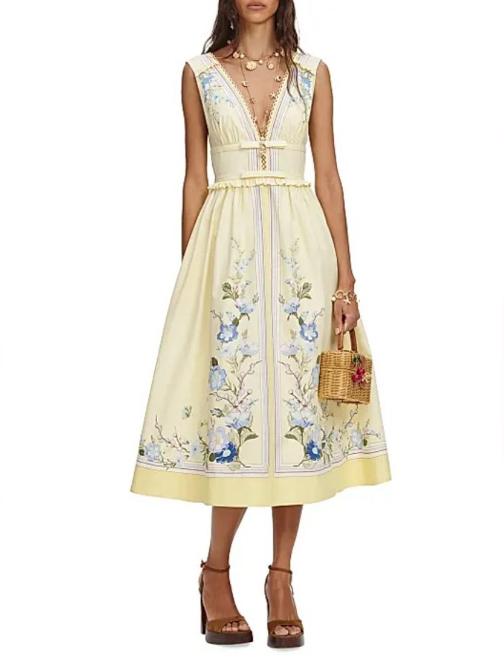 Self-Portrait Butter Yellow Floral Print 100% Cotton A-Line Midi Dress NWOT